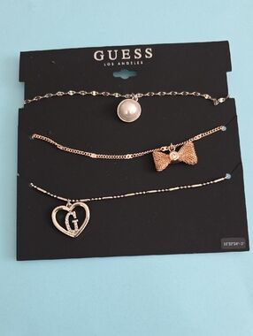 GUESS Rose Gold & Silver Layered Necklace Set with Pearl, Bow & Heart